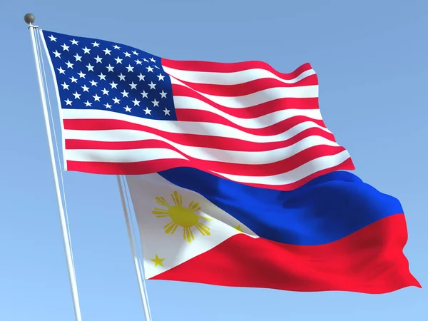 Duas Bandeiras Estados Unidos Filipinas Acenando Céu Azul Alta Fundo — Fotografia de Stock