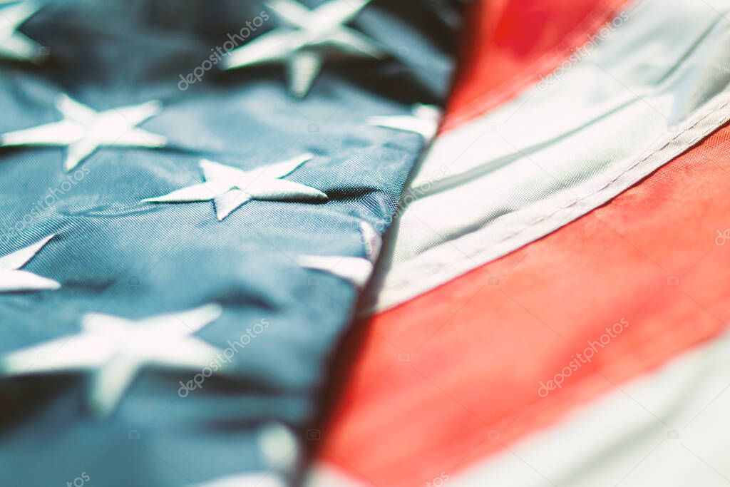 The flag of the United States of America. Old Glory. Closeup photo. Patriotic background