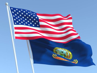 Mavi gökyüzünde Birleşik Devletler ve Idaho eyaletinin iki bayrağı sallanıyor. Yüksek kaliteli bir iş geçmişi var. 3d illüstrasyon