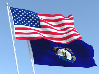 Mavi gökyüzünde iki Birleşik Devletler ve Kentucky eyaleti bayrağı sallıyor. Yüksek kaliteli bir iş geçmişi var. 3d illüstrasyon