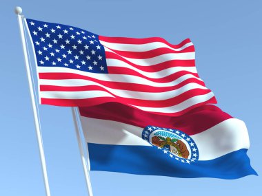 Mavi gökyüzünde Birleşik Devletler ve Missouri eyaletinin iki bayrağı sallanıyor. Yüksek kaliteli bir iş geçmişi var. 3d illüstrasyon