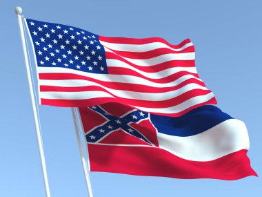 Mavi gökyüzünde Birleşik Devletler ve Mississippi eyaletinin iki bayrağı sallanıyor. Yüksek kaliteli bir iş geçmişi var. 3d illüstrasyon