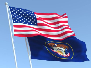 Mavi gökyüzünde Birleşik Devletler ve Utah eyaletinin iki bayrağı sallanıyor. Yüksek kaliteli bir iş geçmişi var. 3d illüstrasyon