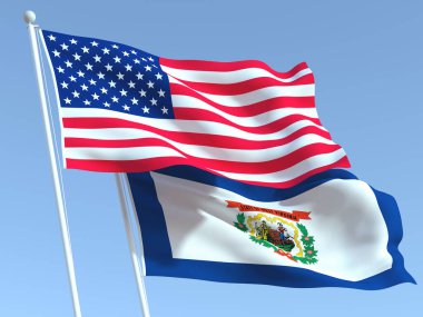 Mavi gökyüzünde Birleşik Devletler ve Batı Virginia eyaletinin iki bayrağı sallanıyor. Yüksek kaliteli bir iş geçmişi var. 3d illüstrasyon