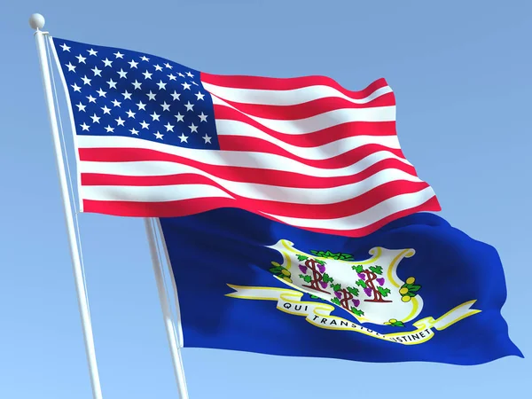 Deux Drapeaux Des États Unis Connecticut Sur Ciel Bleu Une — Photo