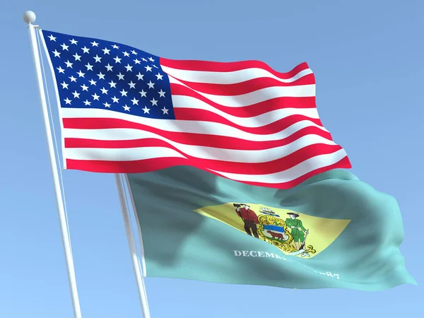Δύο Κυματιστές Σημαίες Των Ηπα Και Της Πολιτείας Του Ντέλαγουερ — Φωτογραφία Αρχείου