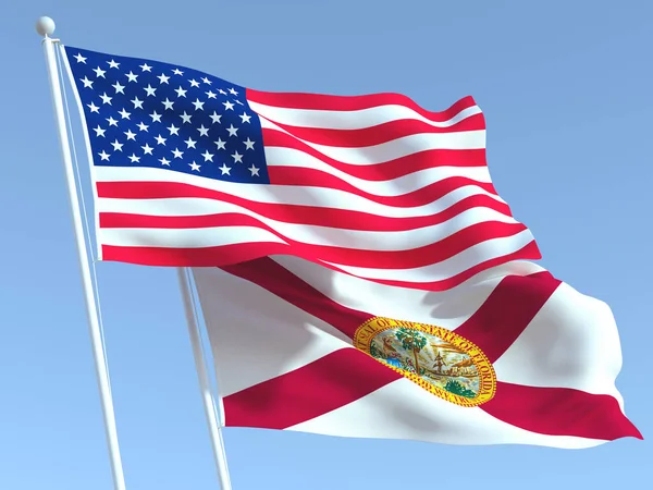 Deux Drapeaux État Agitant Des États Unis Floride Sur Ciel — Photo