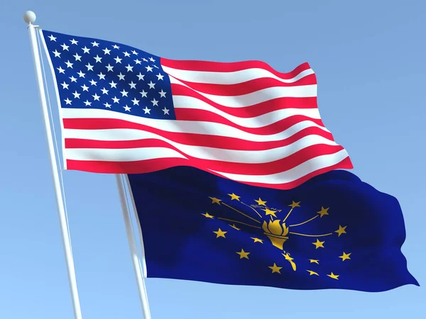 Two Waving State Flags United States Indiana State Blue Sky — Stock Photo, Image