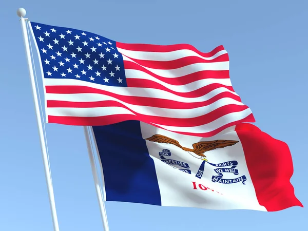 Duas Bandeiras Estaduais Estados Unidos Estado Iowa Céu Azul Alta — Fotografia de Stock