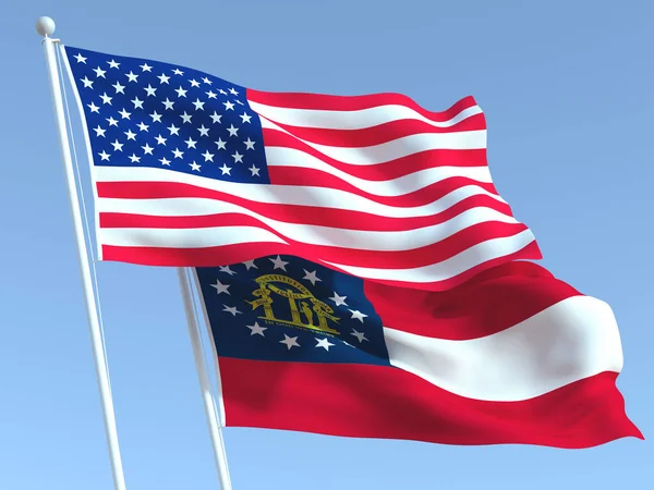 Duas Bandeiras Estaduais Acenando Dos Estados Unidos Geórgia Céu Azul — Fotografia de Stock