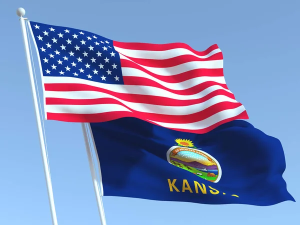 Dos Banderas Estatales Ondeando Estados Unidos Kansas Cielo Azul Fondo —  Fotos de Stock