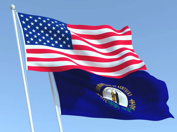Duas Bandeiras Estaduais Estados Unidos Kentucky Céu Azul Alta Fundo — Fotografia de Stock