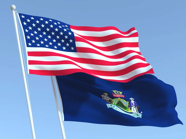 Deux Drapeaux Des États Unis Maine Sur Ciel Bleu Une — Photo