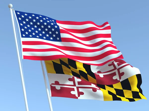 青い空にアメリカとメリーランド州の2つの州旗を振っている 高品質のビジネス背景 3Dイラスト — ストック写真