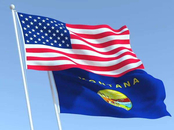 Dos Banderas Estatales Ondeando Estados Unidos Montana Cielo Azul Fondo —  Fotos de Stock