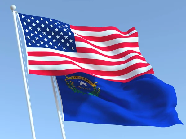 Dwie Machające Flagi Stanowe Stanów Zjednoczonych Stanu Nevada Niebieskim Niebie — Zdjęcie stockowe