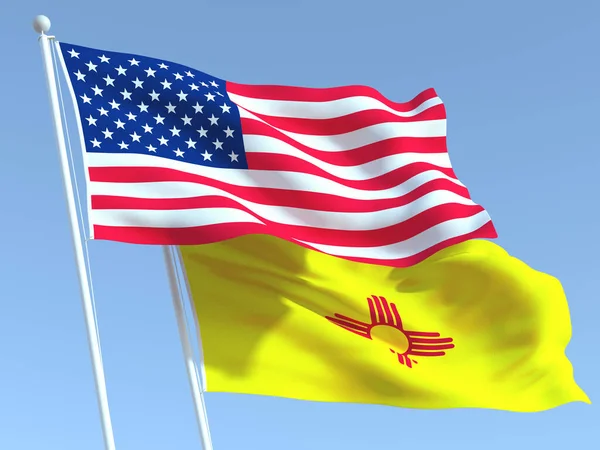 Two waving state flags of United States and New Mexico state on the blue sky. High - quality business background. 3d illustration
