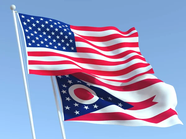 Två Viftande Statliga Flaggor Usa Och Ohio Staten Den Blå — Stockfoto