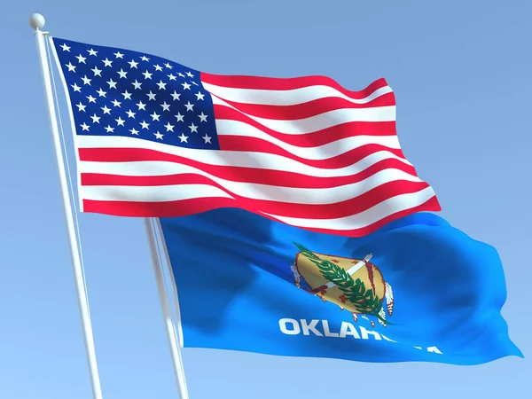 Duas Bandeiras Estados Unidos Oklahoma Céu Azul Alta Fundo Negócios — Fotografia de Stock