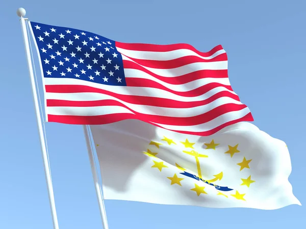 Duas Bandeiras Estado Dos Estados Unidos Rhode Island Céu Azul — Fotografia de Stock