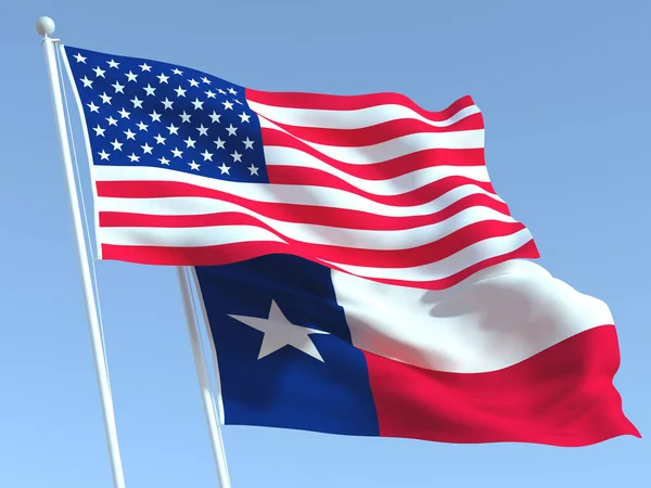 Duas Bandeiras Estaduais Acenando Dos Estados Unidos Texas Céu Azul — Fotografia de Stock