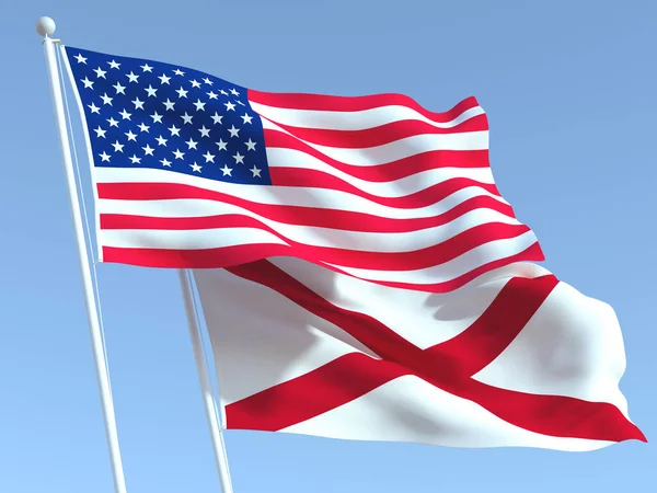Mavi gökyüzünde iki Birleşik Devletler ve Alabama eyaleti bayrağı sallıyor. Yüksek kaliteli bir iş geçmişi var. 3d illüstrasyon