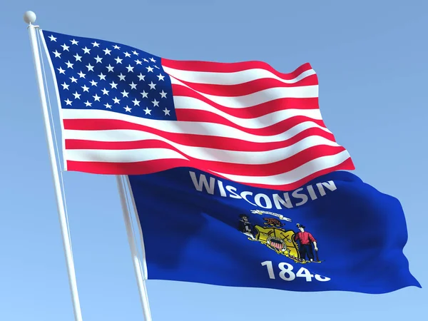 Dos Banderas Estatales Ondeando Estados Unidos Wisconsin Cielo Azul Fondo —  Fotos de Stock