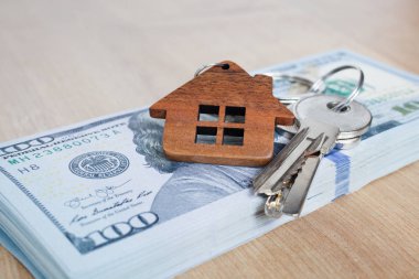 Gayrimenkul yatırım kavramı. Amerikan doları, nakit veya konut. Anahtarları yakın çekim