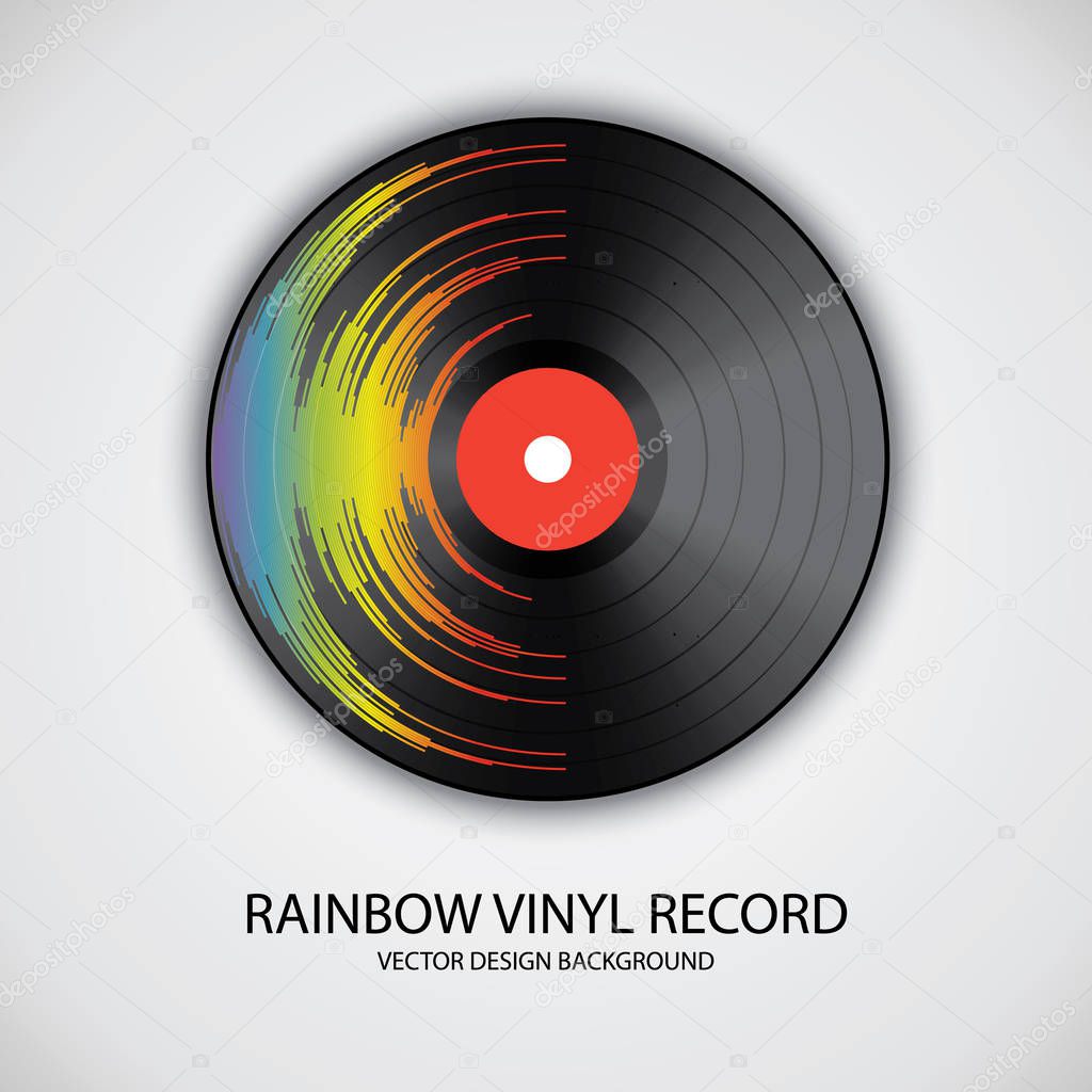 Poster of vinyl player record with rainbow colors. Music label logo. Trendy gradient line style vector illustration music on gray background. Retro party with vinyl music.