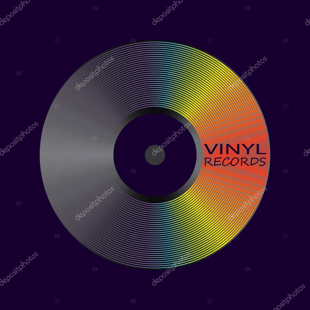 Poster of vinyl player record with rainbow colors. Music label logo. Trendy gradient line style vector illustration music on gray background. Retro party with vinyl music.