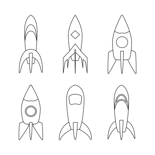 Schets Rocket Ship Collectie Set Cartoon Vervoer Door Lucht Zwart — Stockvector