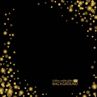 Siyah zemin üzerine altın konfeti glitter. Çekici festival yerleşim şablonu. Görkemli köpüklü lekeli illüstrasyon vektör