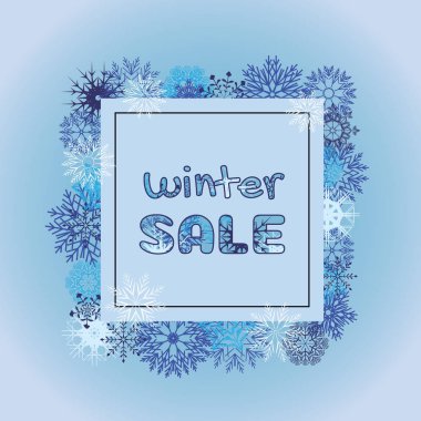 Vektör satış kar taneleri kare çerçeve şablonu ile. Kış tatili afiş buz süsleme ile indirim