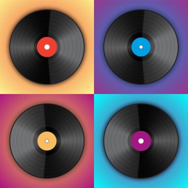 Afiş vinil oyuncu kayıt pop sanat tarzı. Vinil sevgilisi iç poster. Çok renkli müzik diskleri vektör çizim.