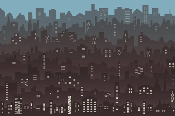 Paysage urbain nocturne en style dessin animé avec toit, fenêtre — Image vectorielle