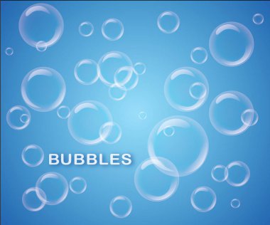 Mavi arka plan şeffaf kabarcıklar kümesi