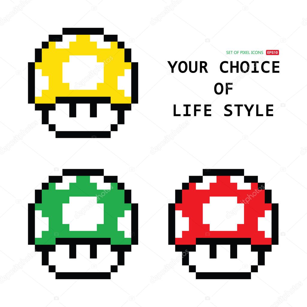 Set of pixel mushrooms with game Mario