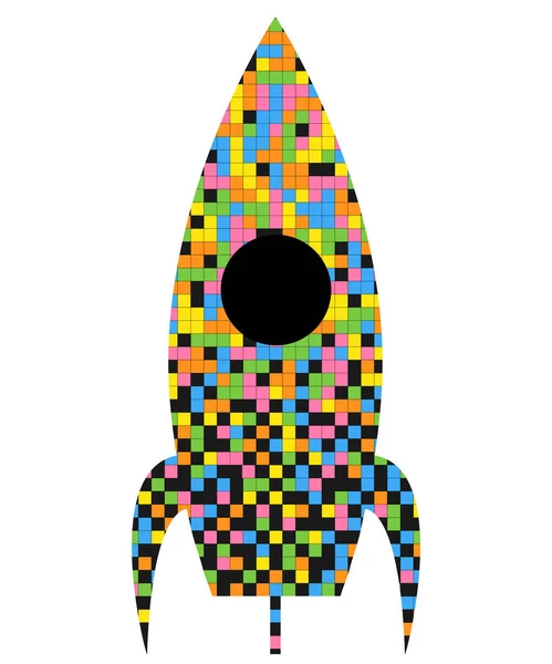 Rainbow pixel raket logo op witte achtergrond. Business startup concept in gekleurde mozaïek grid pleinen stijl. Jpeg digitale illustratie — Stockfoto