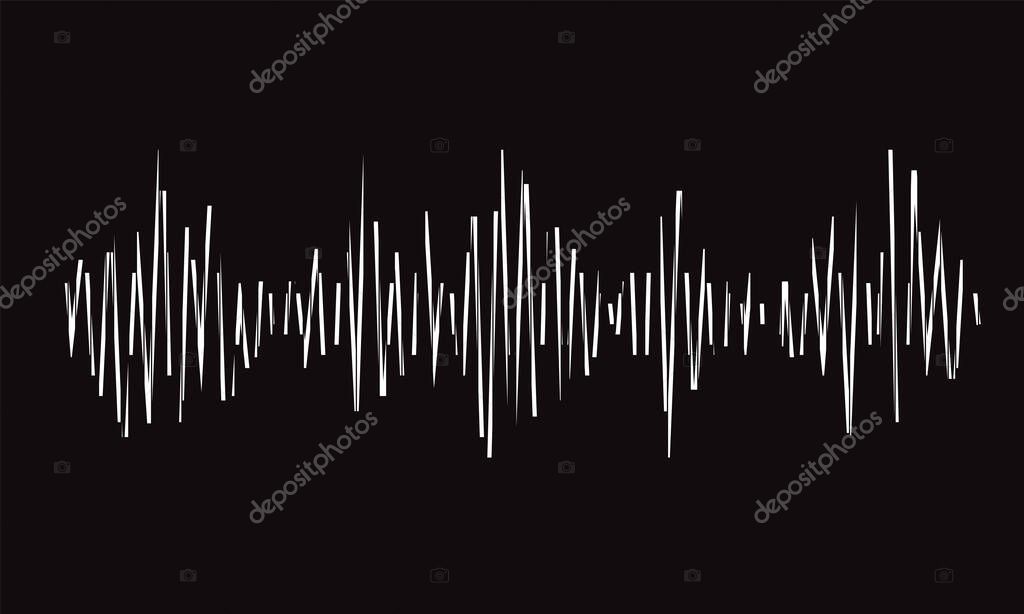 Modern stylized wave lines for design elements in concept of music, technology. Grunge music logo. Abstract white pulse equalizer black background. Jpeg.