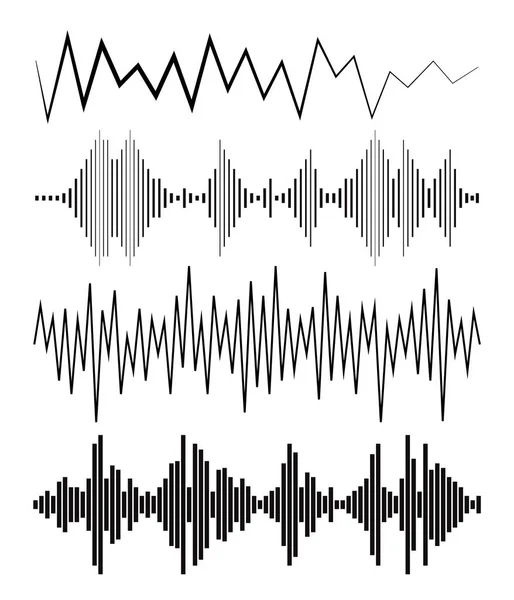 Černé zvukové vlny loga, zvukové symboly na bílém pozadí. Moderní hudební ekvalizér prvky nastaveny. Vektorové křivky ploché izolované ilustrace. — Stockový vektor