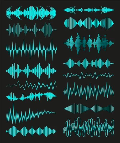 Velká sbírka s logem hudebních vln a zvukovými symboly na černém pozadí. Moderní prvky vyrovnávače zvuku nastaveny. Šablona technologie Vektorových digitálních vln — Stockový vektor