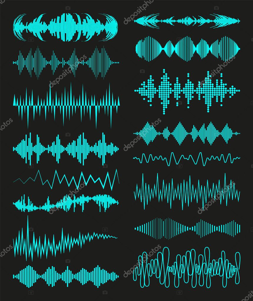 Big collection with music waves logo and audio symbols on black background. Modern sound equalizer elements set. Vector digital waveform technology template.