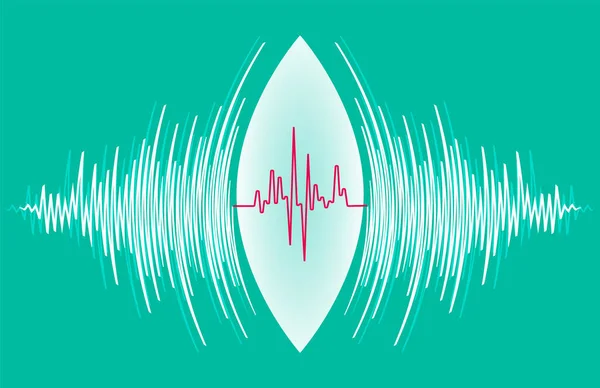 Hintergrund der abstrakten Technologie mit weißen Schallwellen, die um den Puls des Herzens schwingen. Radiales Musikplakat von Vector — Stockvektor