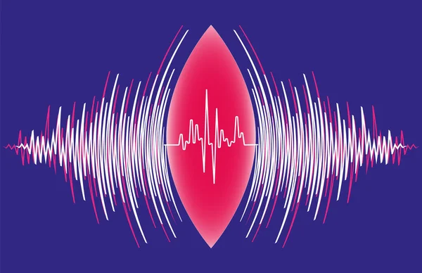 Onde sonore astratte che oscillano intorno allo sfondo del polso cardiaco. Manifesto della tecnologia musicale radiale vettoriale — Vettoriale Stock
