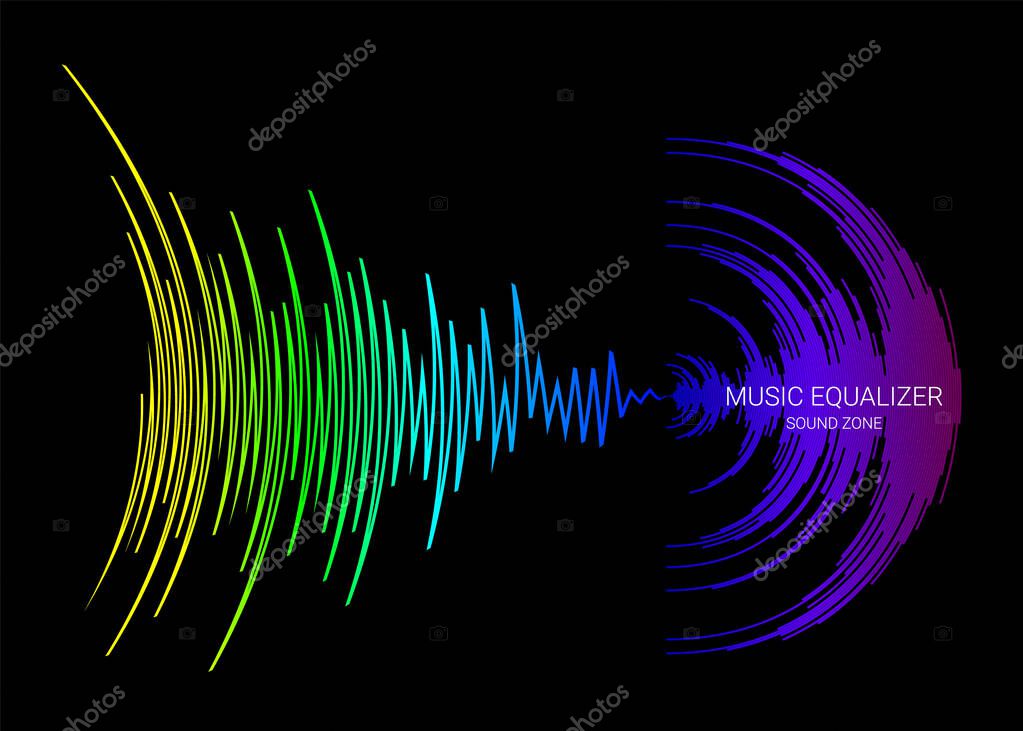 Black music background with colorful dynamic waves. Vector digital media waveform. Rainbow sound banner.