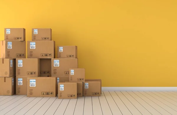 Moving Boxes New Home Yellow Wall Rendering — Stock Photo, Image