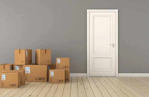 Moving Boxes New Home White Door Rendering — Stock Photo, Image