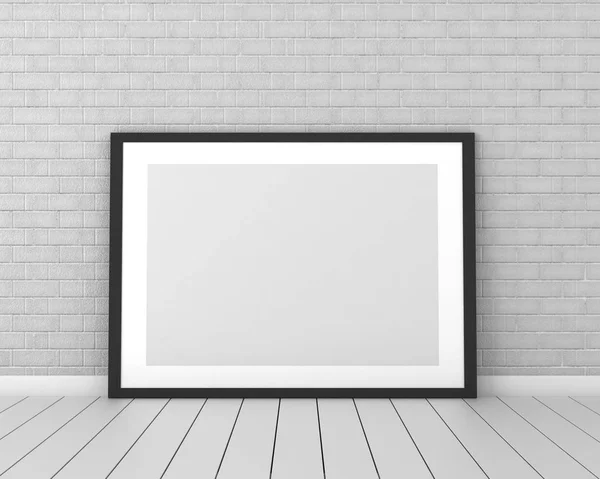 Mock Blank Black Horizontal Picture Frame White Brick Wall Parquet — Stock Photo, Image