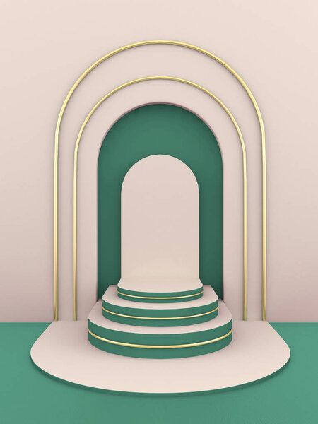 3d render, abstract geometric background, stairs, fashion podium, mock up, blank template, minimalistic empty showcase, primitive arch shapes, art deco shop display, colors