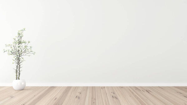 Interior background white wall, parquet hardwood and plant 3d render